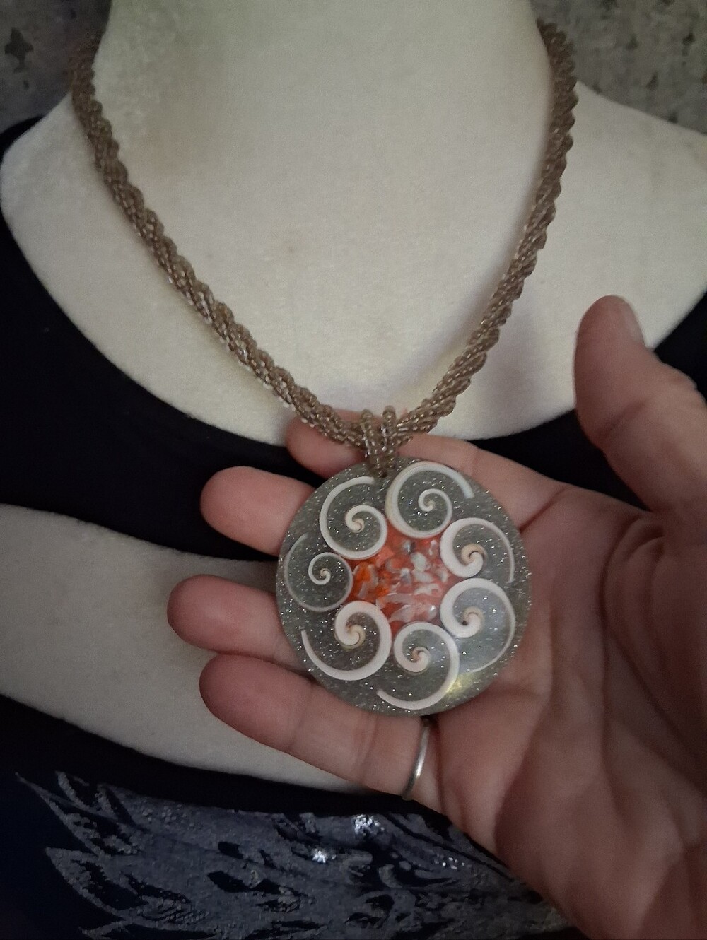 Handmade Swirl Pendant Necklace in Gray and Orange